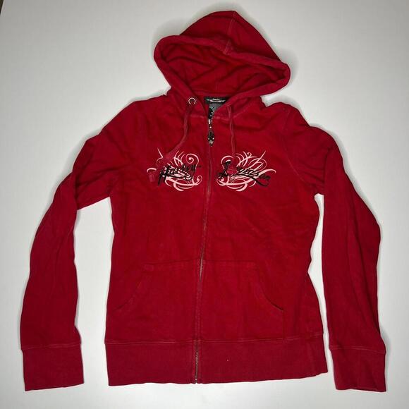 Harley-Davidson Women’s Hoodie Small Red Zip Up Skull Zipper Wings Tattoo Graphi - Picture 1 of 8
